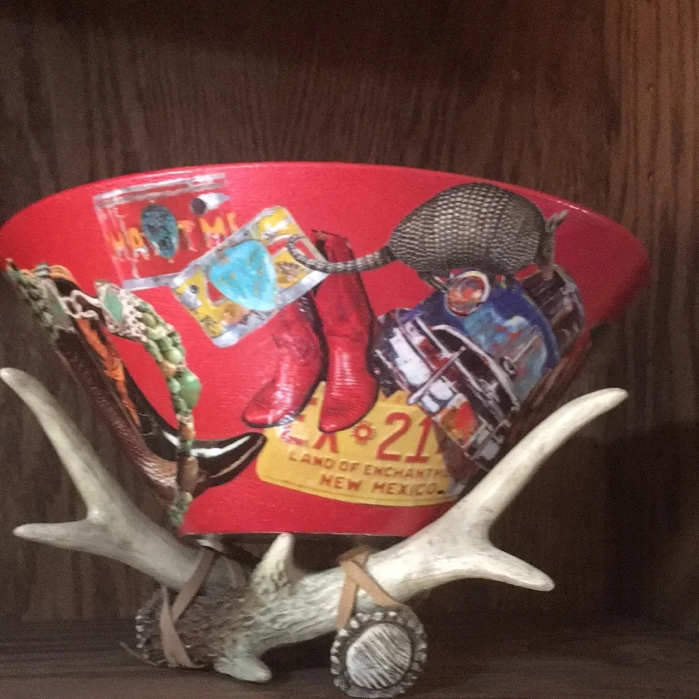 Hand Crafted Vintage Bowl Colorful Southwest Cowboy boots Jewelry Decoupage Art - Picture 3 of 11